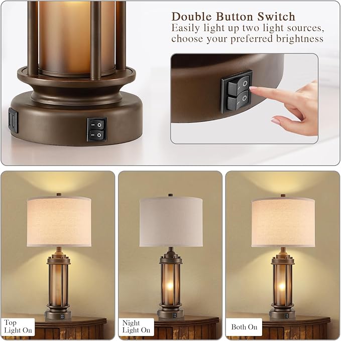 Set of 2 Farmhouse Table Lamps for Living Room, Rustic Vintage Bedside Lamps with 2 USB Ports, Bedroom Nightstand Lamp with Amber Glass Nightlight for End Table Entryway, 4 Bulbs Includes - Bloomnest