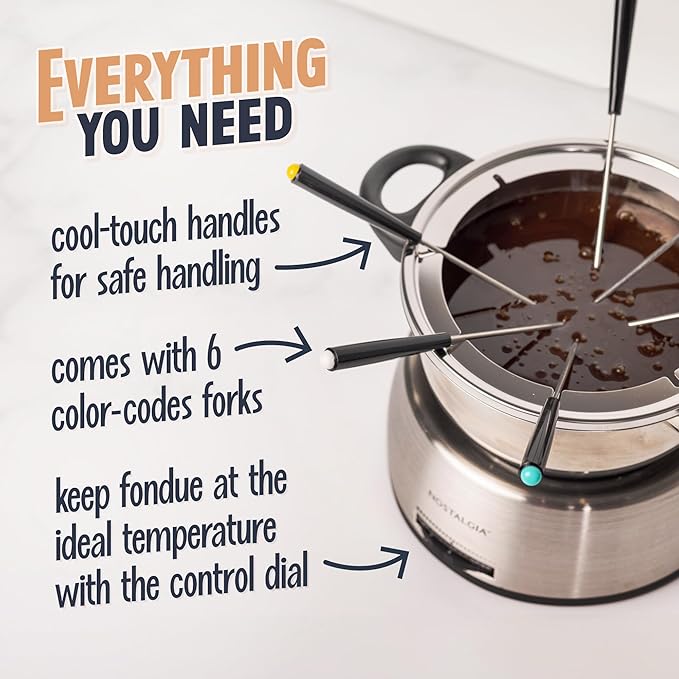 Nostalgia 6-Cup Electric Fondue Pot Set for Cheese & Chocolate - 6 Color-Coded Forks, Temperature Control - Stainless Steel Kitchen Gadgets and Appliances for Hors d'Oeuvres and More - Stainless Steel - Bloomnest