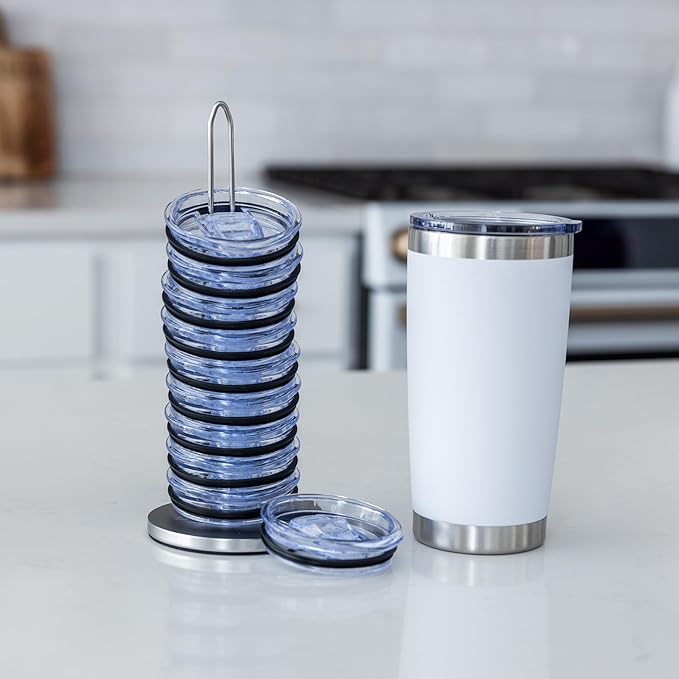 Tumbler Lid Organizer for Cabinet & Countertop - Slim Space-Saving Lid Holder with 9" Sturdy Bar & Weighted, Non-Slip Base - Vertical Storage Cup Lid Organizer - Collapsible Lid Rack for 10 Lids - Bloomnest
