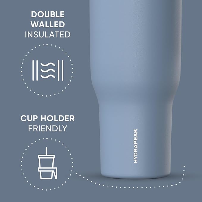 Hydrapeak Voyager 40 Oz Stainless Steel Tumbler with Handle, Insulated Water Bottle With Straw & Lid, Cupholder Friendly Reusable Travel Mug (Modern Blue) - Bloomnest