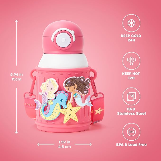 Kids Insulated Tumbler Set – 16oz Stainless Steel Water Bottle with Straw & Pour Lids, Screw-On Cup, Adjustable Strap, Silicone Sleeve & Charms – Leakproof BPA-Free Bottle for Boys & Girls - Bloomnest