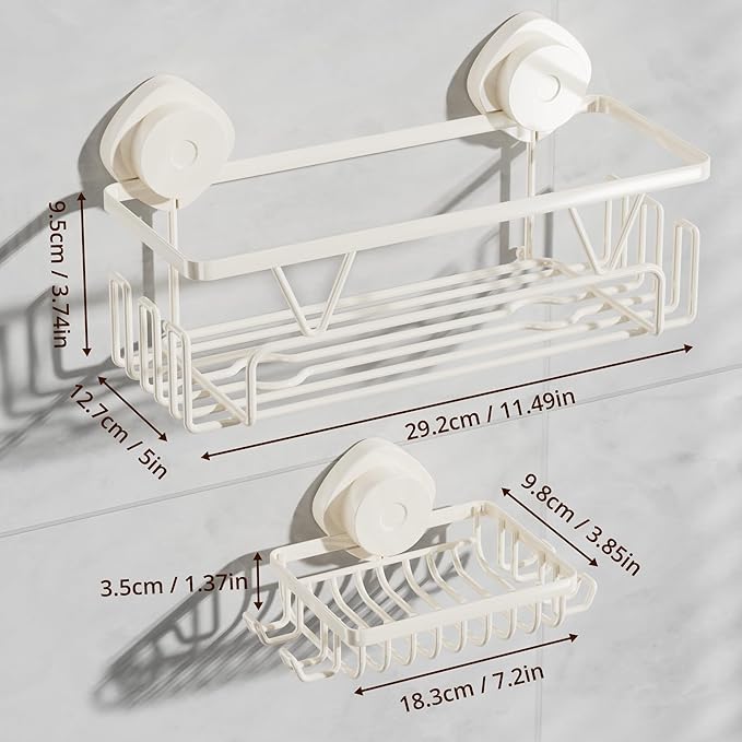 KEGII Suction Cup Shower Caddy, 2 Pack Shower Suction Shelf with Soap Holder & Hooks, No Drilling Bathroom Organizer, Stainless Steel Shampoo Holder for Bathroom Storage Basket, Cream White - Bloomnest