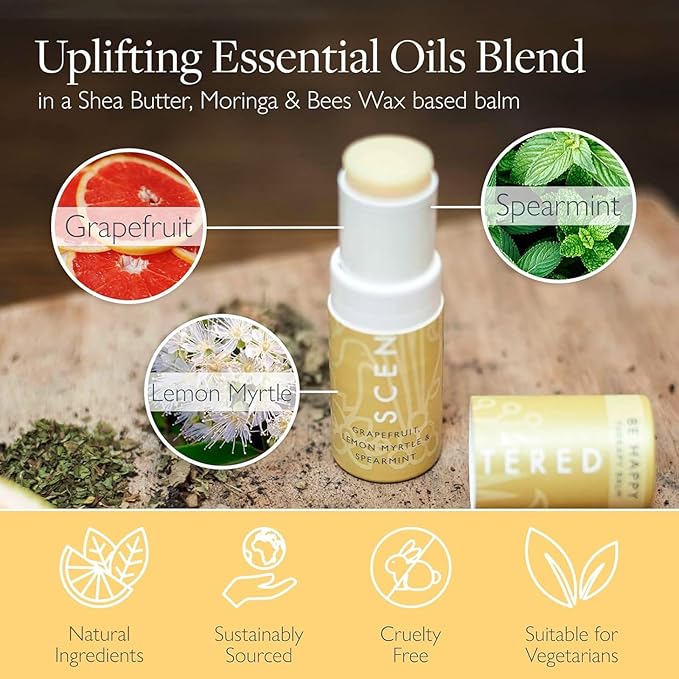 Scentered Aromatherapy Balm Stick - Happy - Mood Boost Roll On Essential Oils Blend for Positive Thinking - 100% Natural: Grapefruit, Cedarwood, Lemon Myrtle Essential Oil - Positive Gifts for Women - Bloomnest
