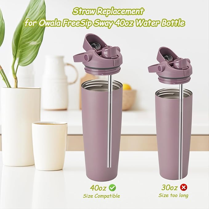 6Pcs Metal Straw Replacement Compatible With Owala FreeSip Sway 40oz Water Bottle, With 2 Straw Cleaner, Reusable Stainless Steel Straws for Owala Bloomnest