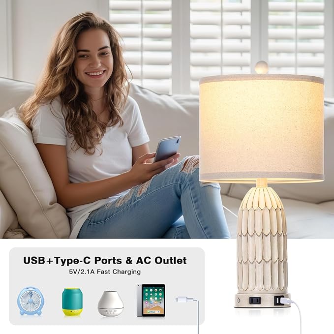 Farmhouse Table Lamps Set of 2, 3-Way Dimmable Touch Lamp for Bedroom Nightstand with USB A+C Ports & AC Outlet, White Vintage Boho Bedside Lamp for Living Room End Table (Bulbs Included) - Bloomnest