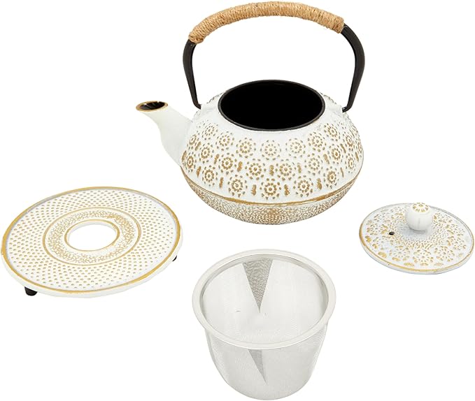 Juvale Stovetop Cast Iron Tea Kettle with Infuser - Superior Heat Retention Loose Leaf Tea Pot - Built-In Teapot with Strainer - Includes Trivet & Infuser Kettle - White, 27 Oz (800 ml) - Bloomnest