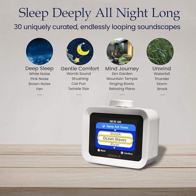 Dekala AuraDot 7-Day Programmable 4 Alarm Clock w/Temperature Humidity Monitor, White Noise Sound Machine for Sleep 30 Non-Loop Soothing Sounds, Timer/Play All Night, IPS Screen Sleep Animation,
