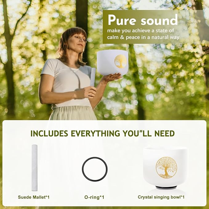 432HZ 8 Inch F Note Heart Chakra Crystal Singing Bowl Sound Healing, Frosted Quartz Crystal Tree of Life Sound Bowl, Sude and O-ring For Sound Healing Meditation - Bloomnest