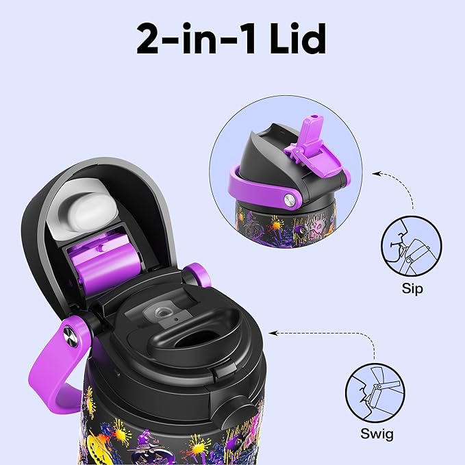 Insulated Water Bottle with Straw - Encool Stainless Steel Water Bottle with Push Button Lid, Leak-Proof & BPA-Free, Keeps Cold for 24 Hours for Sports, Travel, Gym (24 oz, Ghost Party) ENCOOL