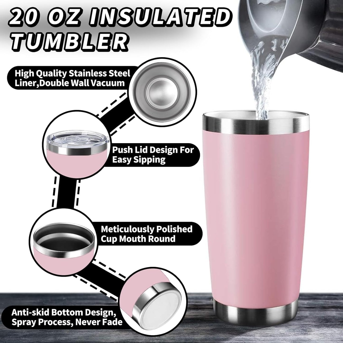 1 Packs, 20oz Stainless Steel Tumbler with Lid, Leakproof Double Wall Travel Mug for Hot/Cold Drinks, Home Office Outdoor Party Use, Durable Powder Coated Insulated Cup/Pink