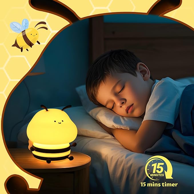 YuanDian Cute Bee Night Light for Kids, Nursery Night Lamp Kawaii Animal Bedside Nightlight with 7 Colors 3 Levels Dimmable Tap Control Rechargeable Nightlights - Bloomnest