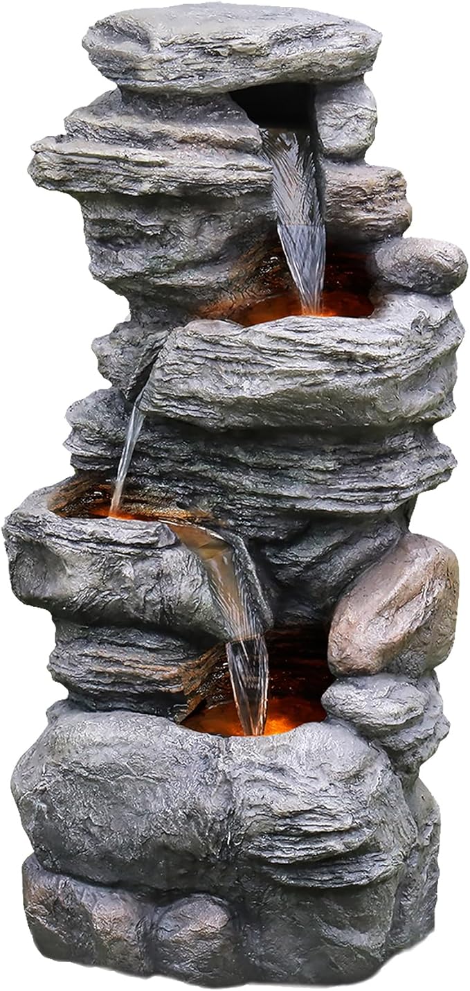 Teamson Home 39.37 in. Outdoor Faux Stacked Stone 4-Tier Water Fountain with LED Lights and Pump, Gray - Bloomnest