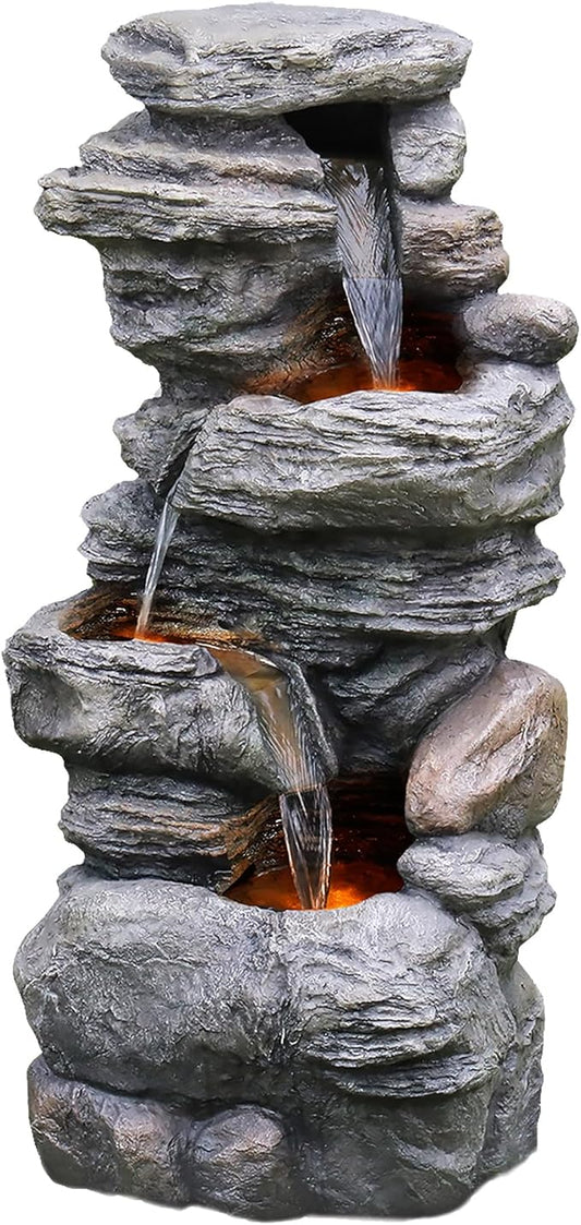 Teamson Home 39.37 in. Outdoor Faux Stacked Stone 4-Tier Water Fountain with LED Lights and Pump, Gray - Bloomnest