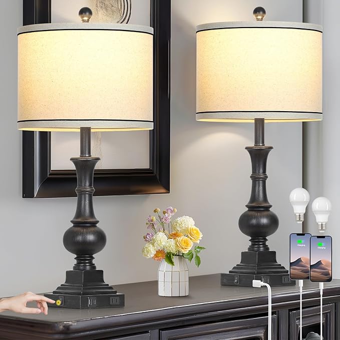 Farmhouse Lamps Set of 2, Antique Vintage Rustic Touch Control Table Lamps with USB A+C Ports & AC Outlet, Retro Classic Bedside Nightstand Lamp for Living Room Bedroom Office Black - Bloomnest