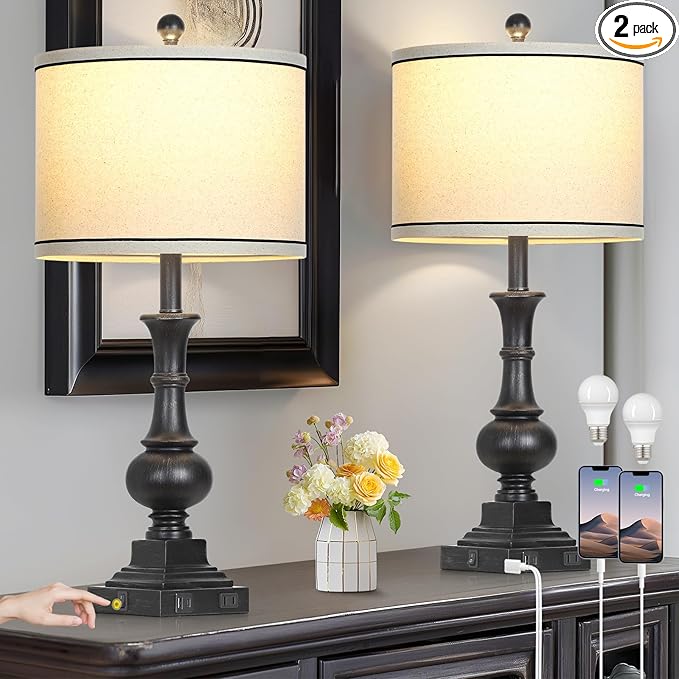 Farmhouse Lamps Set of 2, Vintage Rustic Black Table Lamps with USB A+C Fast Ports & AC Outlets, Traditional Nightstand Bedside Lamp for Living Room Bedrooms Home Office(2 LED Bulbs Included) - Bloomnest