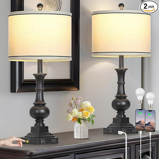 Farmhouse Lamps Set of 2, Vintage Rustic Black Table Lamps with USB A+C Fast Ports & AC Outlets, Traditional Nightstand Bedside Lamp for Living Room Bedrooms Home Office(2 LED Bulbs Included) - Bloomnest