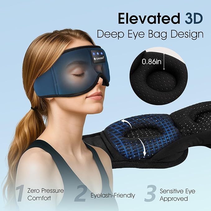 ZUMUSEN Bluetooth Sleep Headphones, 3D Wireless Music Eye Mask with Ultra-Thin Stereo Speakers, Adjustable Sleep Mask for Side Sleepers, Perfect for Travel, Meditation, Relaxation - Bloomnest