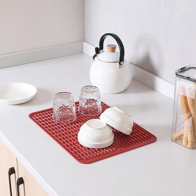 Silicone Dish Drying Mat for Multiple Usage,Easy clean,Eco-friendly,Heat-resistant Silicone Mat for Kitchen Counter or Sink,Refrigerator or drawer liner Red L 16 inches x 12 inches - Bloomnest
