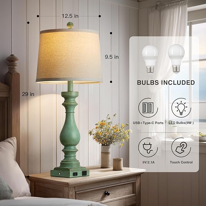 29" Tall Vintage Table Lamps Set of 2,Retro Green Bedside Lamps with USB C+A Ports & AC Outlet,3-Way Dimmable Touch Lamp for Night Stands Living Room Bedroom,Green - Bloomnest