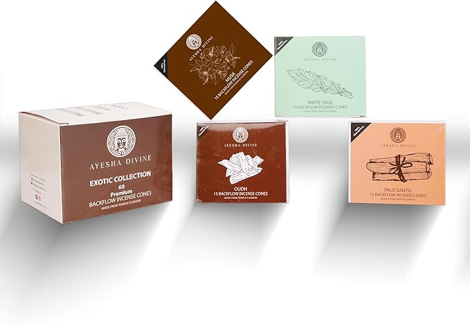 Backflow Incense Cones 60 Count Value Pack, Oudh White Sage Palo Santo Musk, Charcoal Free, Toxin Free, Long Lasting Aromatic Smoke, Meditation Yoga Relaxation Home Spa AyeshaDivinePremiumIncense
