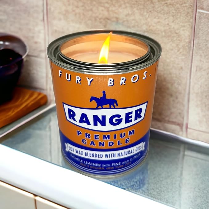 Fury Bros. Scented Candles for Men | Ranger | Saddle Leather Pine Citrus | Natural Soy Wax | Hand-Poured in The USA | Long 70-80 Hour Burn (12.5 oz) | Vintage-Inspired Tin Design | Dad Home Gift - Bloomnest