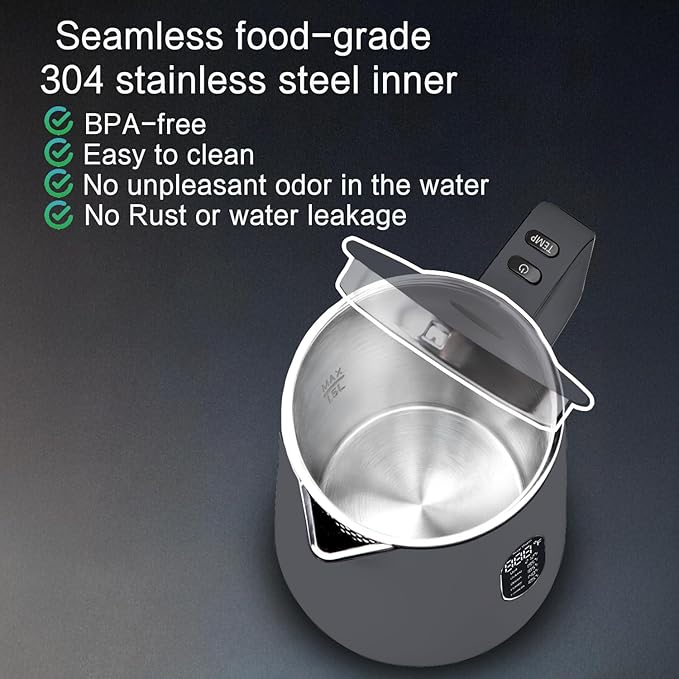 1.5L Electric Kettle Stainless Steel, Double Wall Cool Touch Teapot, Fast Boil,5 Temperature Control, LED Display, Auto Shut-Off, BPA-Free,Keep Warm Function, Ideal for Tea & Coffee,Gray - Bloomnest