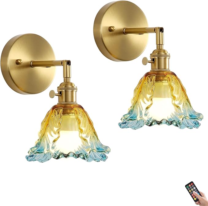 2 Pack Vintage Battery Operated Wall Sconces, Cabbage Yellow Lampshade & 180 Degree Adjustable, Wireless Rechargeable RGB Wall Light with Remote Control, for Bedroom Living Room Hallway Aisle - Bloomnest