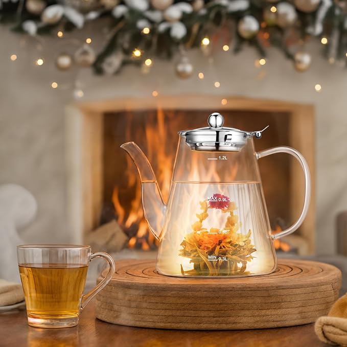 Glass Teapot, 1200ml (40oz) Tea Pot with Infuser for Loose Tea and Blooming Tea, Stovetop Safe Tea Kettle, Hand Crafted Borosilicate Glass Tea Maker with Scale Line, Tea Gift Set for Tea Lovers - Bloomnest