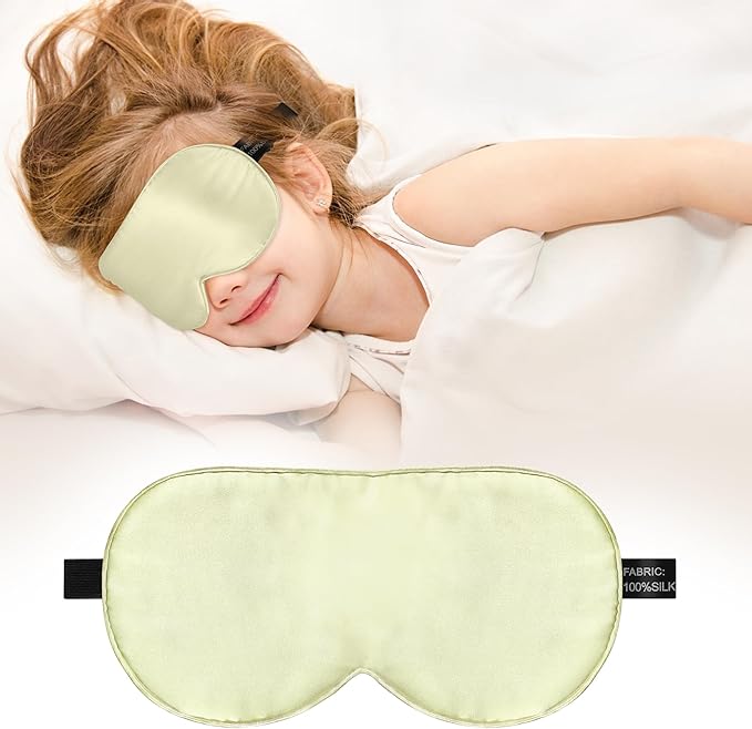 Kids Sleep Mask Eye Cover, 100% Real Natural Pure Silk Eye Mask with Adjustable Strap, Blindfold Kids Eye Mask for Sleeping, Eye Shade for Boys Girls and Adult, Pressure-Free Comfort (Light Green) - Bloomnest