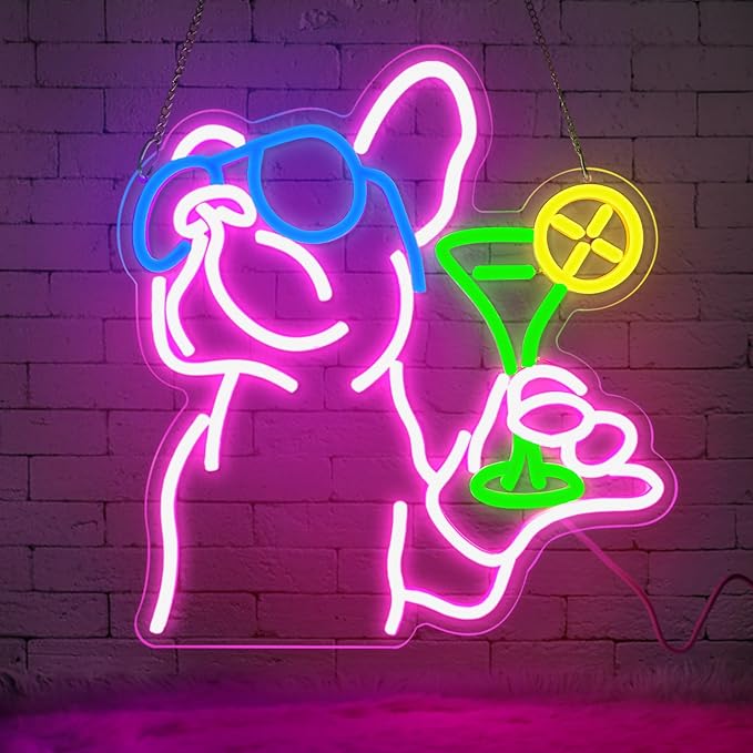 French Bulldog Drinking Cocktail Neon Sign,Bulldog Cocktail Bar Led Neon Signs for Wall Decor,Funny Dog Neon Light Up Sign,Neon Bar Signs for Bedroom Man Cave Party,French Bulldog Gifts - Bloomnest