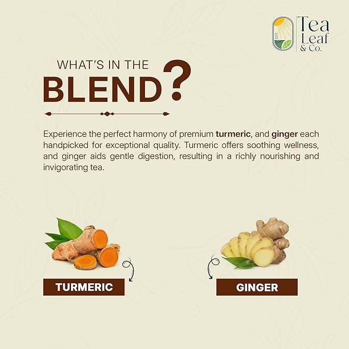Tealeaf & Co. Turmeric Ginger Herbal Tea - Organic Ginger Turmeric Tea Bags with Fresh Herbs and Spices - Low Caffeine & Gluten Free - 100 Teabags (7.055oz/200gm) - Bloomnest