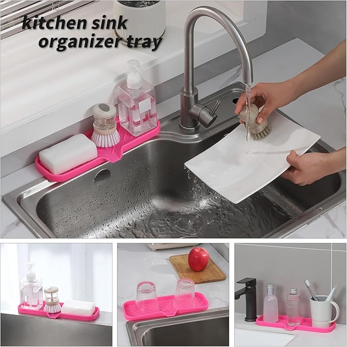 Silicone Bathroom Soap Dishes with Drain Spout-Bathroom and Kitchen Sink Organizer,Sponge Holder,Dish Soap Tray,Perfect for Dispenser,Scrubber,Bottle,Cup on Sink or Counter-Rose 12"×4" - Bloomnest
