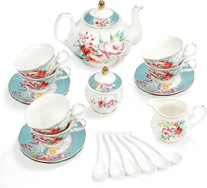 fanquare 21-Piece Green and Floral Porcelain Tea Set, Vintage Ceramic Tea Cup and Saucer Set for 6, Teapot Set for Women Party - Bloomnest