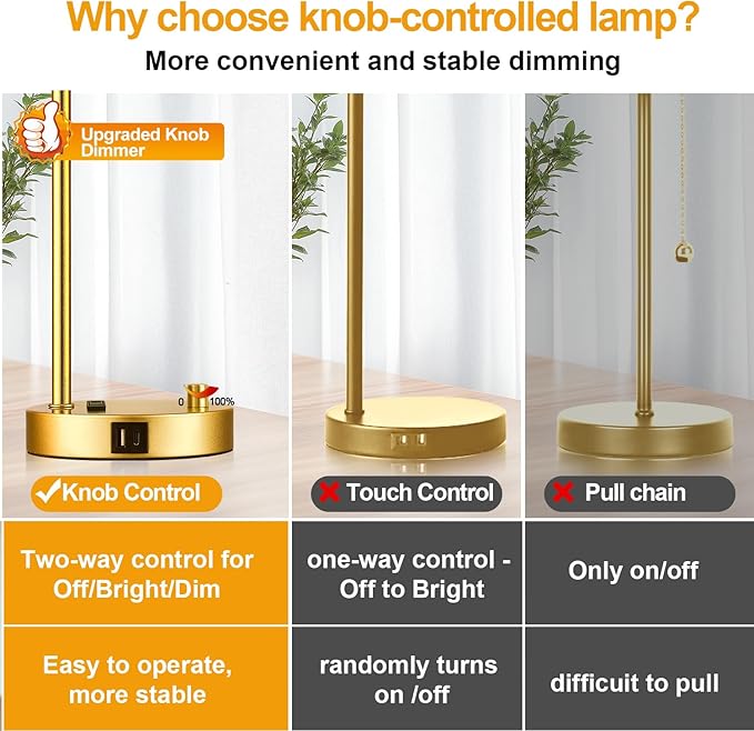 Set of 2 Industrial Table Lamps with USB Port, Gold Fully Stepless Dimmable Bedside Lamps for bedrooms, Nightstand Desk Lamp with Clear Glass Shade for Reading Living Room Office 2 LED Bulb - Bloomnest