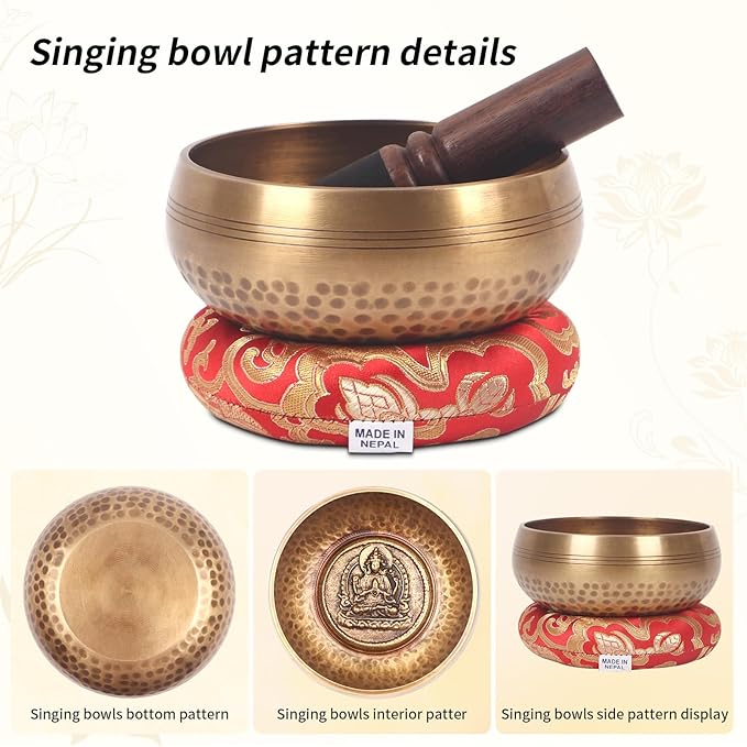 Kmise Tibetan Singing Bowls Set- Handmade in Nepal Meditation Sound Bowls for Yoga, Meditation, Mindfulness, Healing and Chakra Balancing, Stress Relief (5', Buddha) - Bloomnest