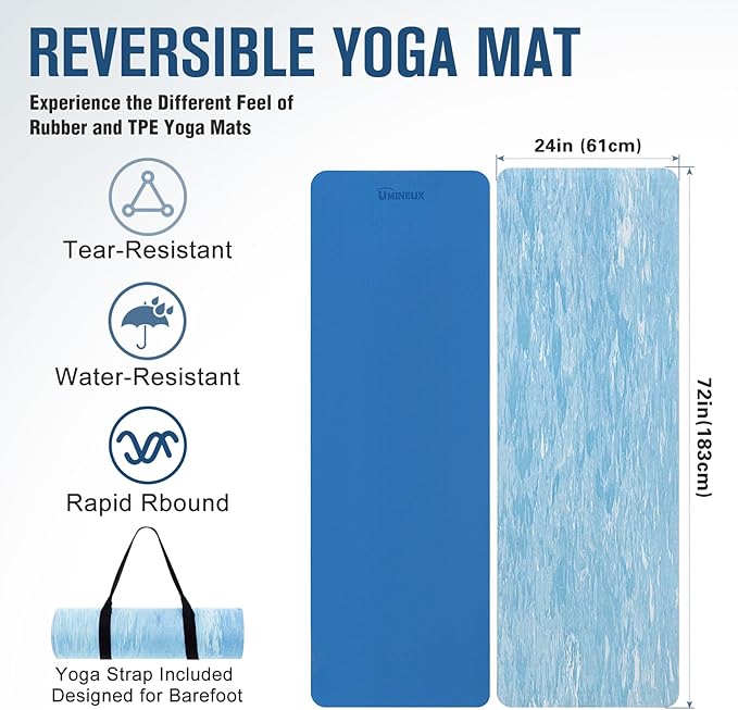 UMINEUX Extra Thick Yoga Mat, 2/5 Inch (10MM), Natural Rubber and TPE Non Slip Yoga Mats with Strap for Women Men, Eco Friendly Exercise Mat for Yoga, Pilates and Home Workout - Bloomnest
