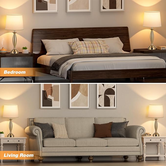 White Gold Lamps for Bedrooms Set of 2 - Touch Control Bedside Lamp with USB C+A, 3 Way Dimmable Nightstand Lamps with USB Port, Table Lamp for Living Room(White Shade and Gold Base) - Bloomnest