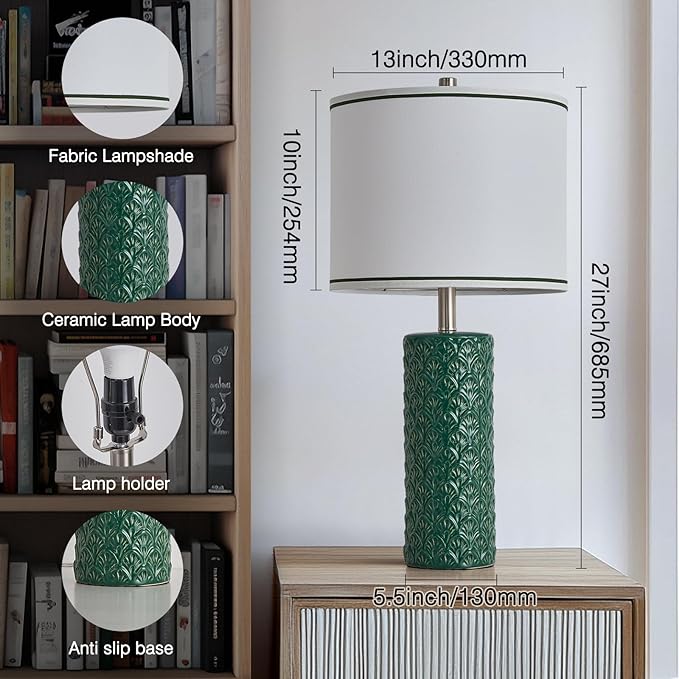 27" Farmhouse Bedside Table Lamp Set of 2, Green Modern Ceramic Lamps for Living Room, 3 Color Temperature Rustic Table Lamps for Bedroom, Night Stands, Dorm,Office, Home Décor (Bulb Included) - Bloomnest