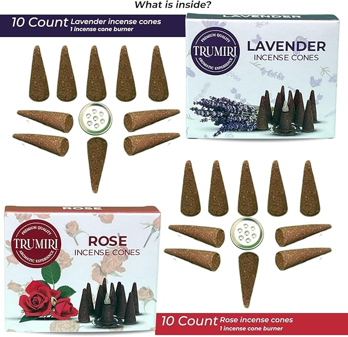 TRUMIRI Incense Cones - Combo Pack of 20 Cone Incense - 10 Rose + 10 Lavender - Insence Cones - Incense Cones Scented - Cone Incense Scents - Insense Cones - Incent Cone TRUMIRI