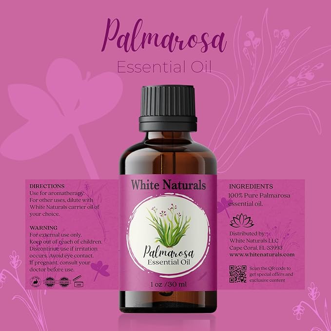 White Naturals Palmarosa Essential Oil – 100% Pure & Natural Palmarosa Oil, Floral & Fresh Aroma, Ideal for Aromatherapy, Skin Care & DIY Beauty, 1oz - Bloomnest