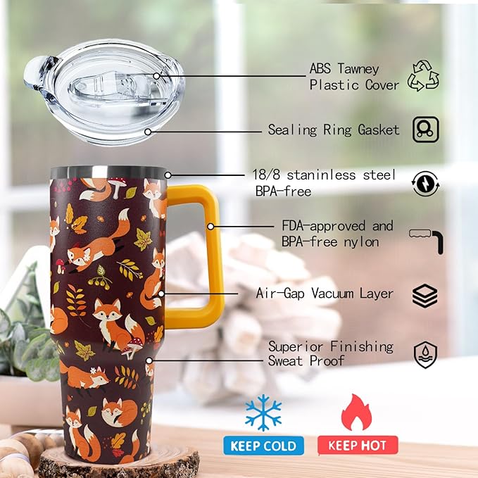 Ceovfoi 40 oz Fall Fox Tumbler With Lid and Straw, Travel Mug Cup Water Bottle, Gifts for Fox Lovers, Decor Accessories - Bloomnest