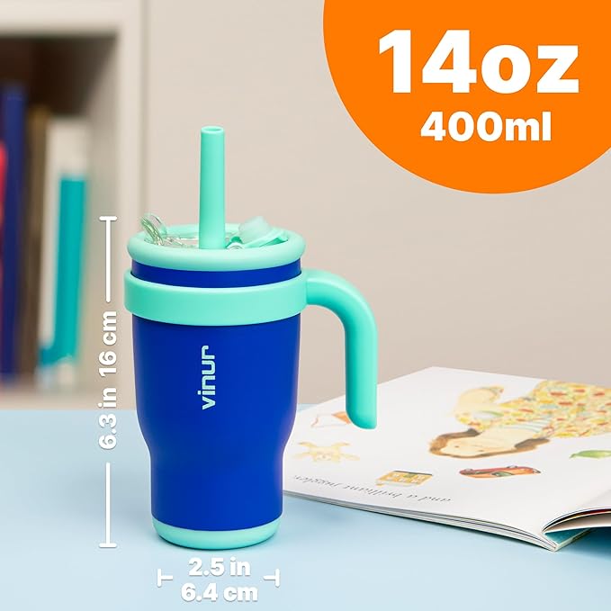 VINUR Kids Insulated Tumbler with Handle 14 oz Stainless Steel Double Wall Vacuum Travel Water Drink Cup with Lid and Straw (Navy) - Bloomnest