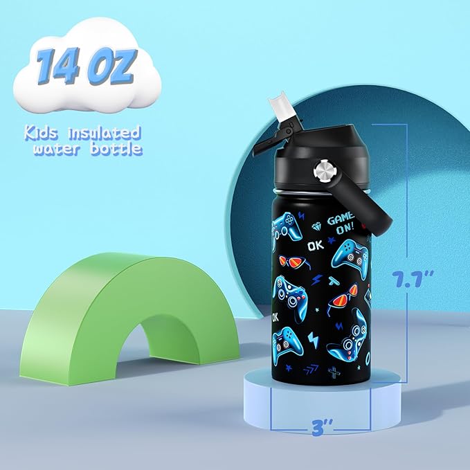 14oz Kids Insulated Water Bottle with Straw Lid - 18/8 Stainless Steel Kid Cup Travel Tumbler Double Wall Vacuum Leak Proof Portable Toddler Water Bottle (Game) - Bloomnest