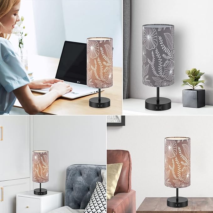 Touch Control Bedside Lamp with 2 USB Ports, 3-Way Dimmable Table lamp for Bedroom, Nightstand Lamp with Round Grey Fabric Shade for Living Room Home Office (E26 LED Bulb Included) - Bloomnest