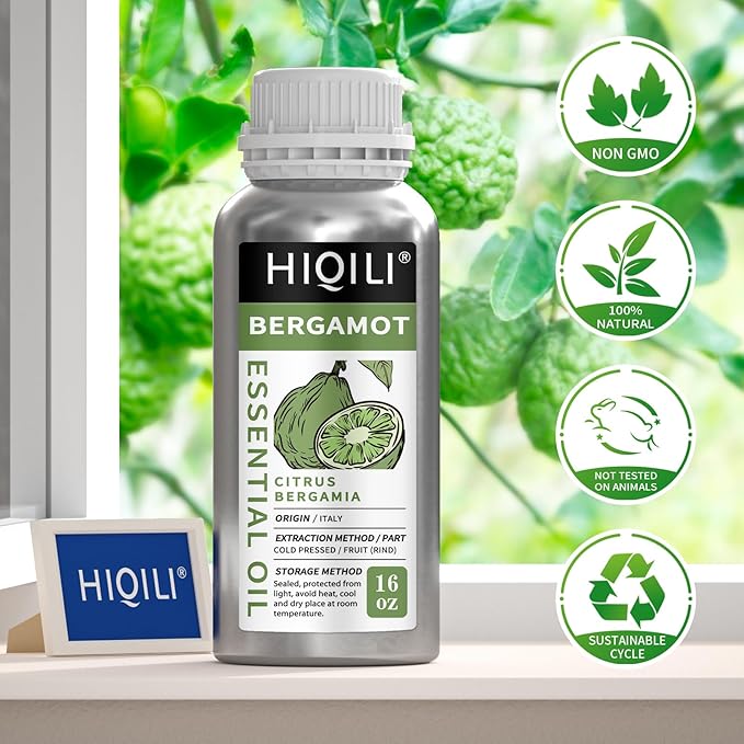 HIQILI Bergamot Essential Oil for Diffuser, Skin, Hair, DIY, 100% Pure & Natural - 16 Fl Oz (500 mL) - Bloomnest