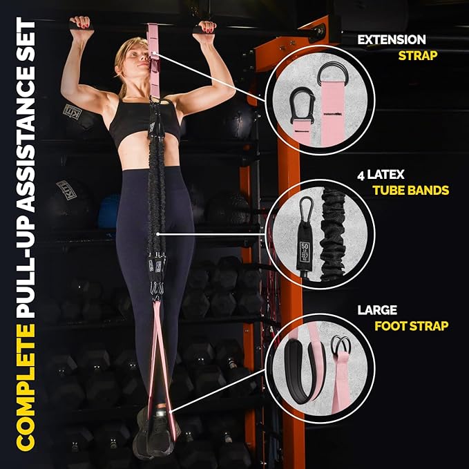 Pull Up Assistance Bands Set - 4 Heavy-Duty Pull Up Bands, Height Adjustable Strap & Comfortable Foot Strap - Stackable Pull Up Resistance Bands for Pull Ups - Bloomnest