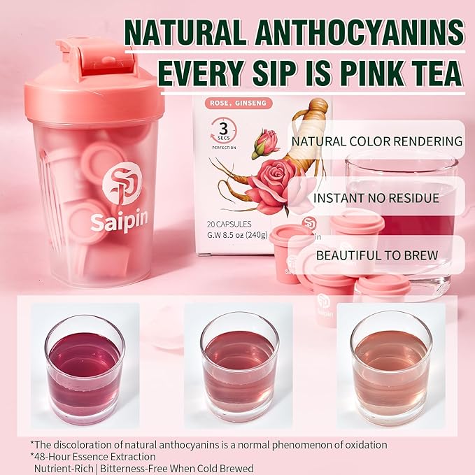 SAIPIN Ginseng Rose Tea with Shaker Bottle– Instant Herbal Kidney Tea for Energy & Beauty | 20 Pack Organic Adaptogen Rose Ginseng for Women & Men | Caffeine-Free, Sugar-Free | Detox - Bloomnest