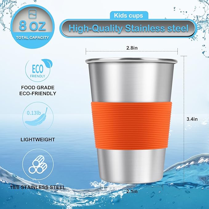 Stainless Steel Cups for Kids with Silicone Sleeves 7.8oz/230ml (4 Pack), Stainless Steel Tumbler, Kids Cups, Camping Stainless Steel Cups, Stackable Durable Metal Drinking Glasses, BPA Free - Bloomnest