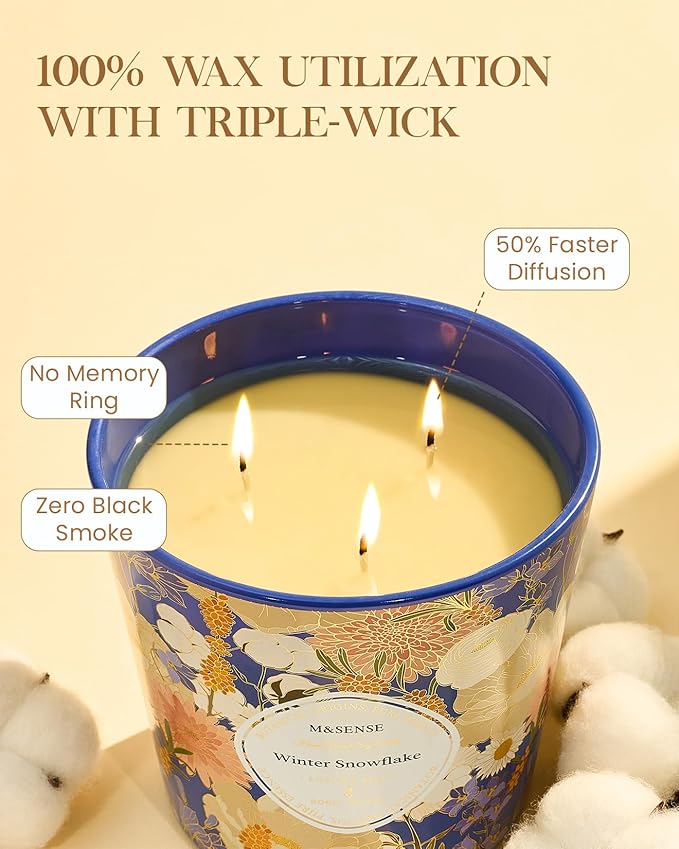 M&SENSE Winter Snow Flake Scented Candle, 28.2oz 3 Wick Natural Soy Wax Large Candles, Long Lasting Clean Slow Burning No Toxic Décor for Home Relaxation, Romantic Dates & Gift-Giving - Bloomnest