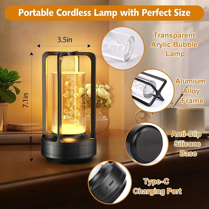 Portable Table Lamp for Outdoor Indoor: Cordless Rechargeable Desk Lamp with 3 Color Stepless Dimmable - Metal Battery Operated Small Lantern Light for Restaurant/Bedroom/Bar/Coffee Shop/Camping - Bloomnest